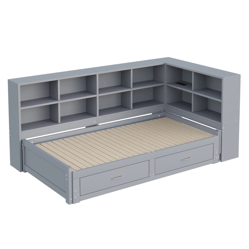 Letto multifunzione 90/180x190 cm con contenitore; prese multifunzione e cassetti in legno grigio