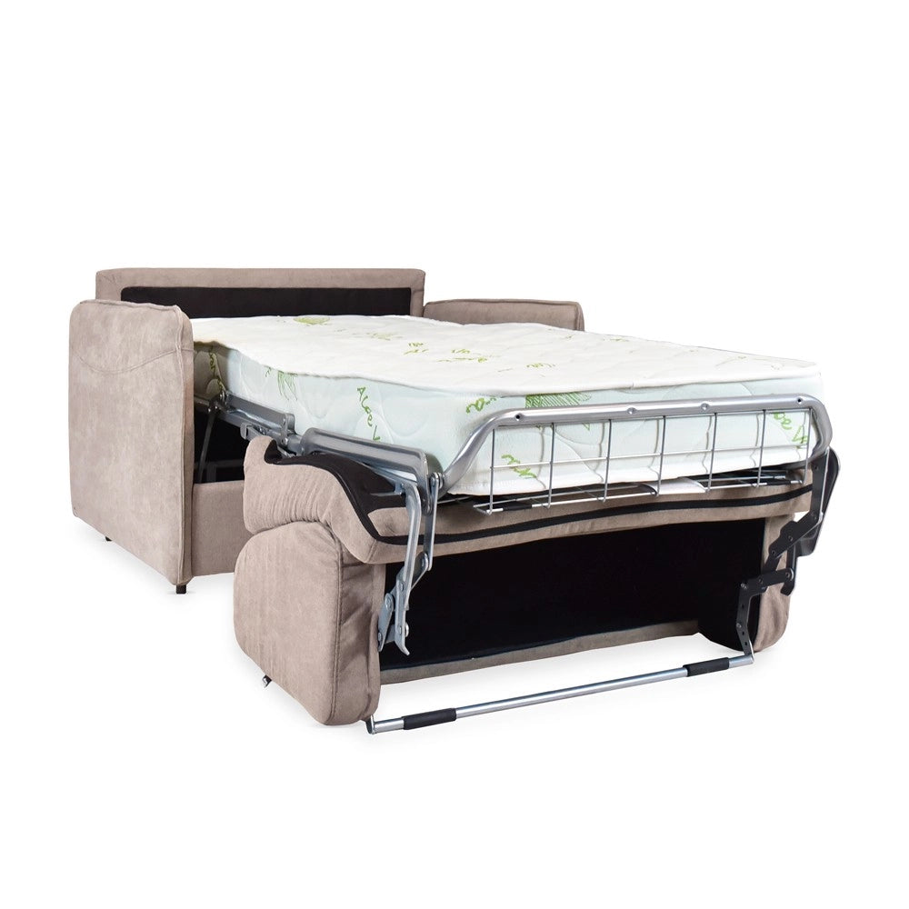Poltrona letto Piri beige chiaro con rete elettrosaldata e materasso – Il comfort che si apre al bisogno