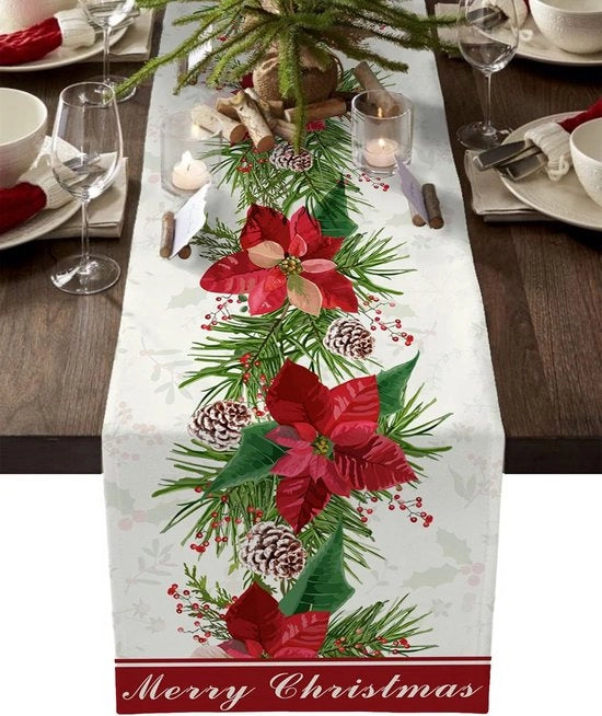 Tavolo da Natale con pompa di bufalo, mela d'albero di pino con fiori rossi, tovaglia da tavolo per festa di Natale invernale (33 x 183 cm, Stile 8)