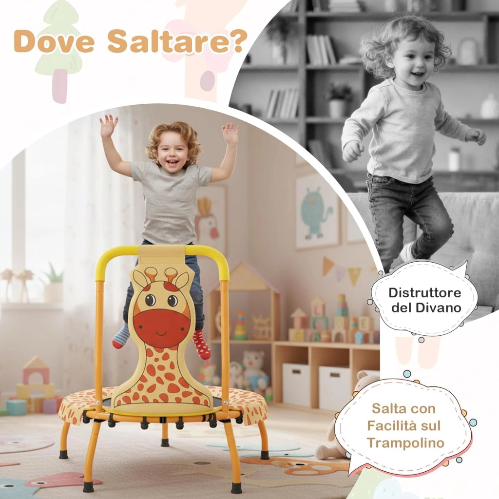 Mini Trampolino per Bambini, Tappetino Elastico da Esterno ed Interno con Maniglia Rivestita, Copertura Imbottita e Cuscinetti Antiscivolo, Salta Salta per Bambini 3-6 Anni