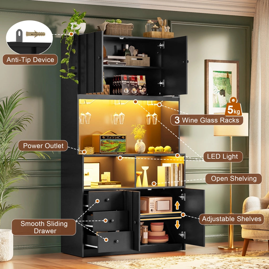 Credenza alta con 3 portabicchieri; prese e LED RGB per cucina e sala da pranzo in MDF nero