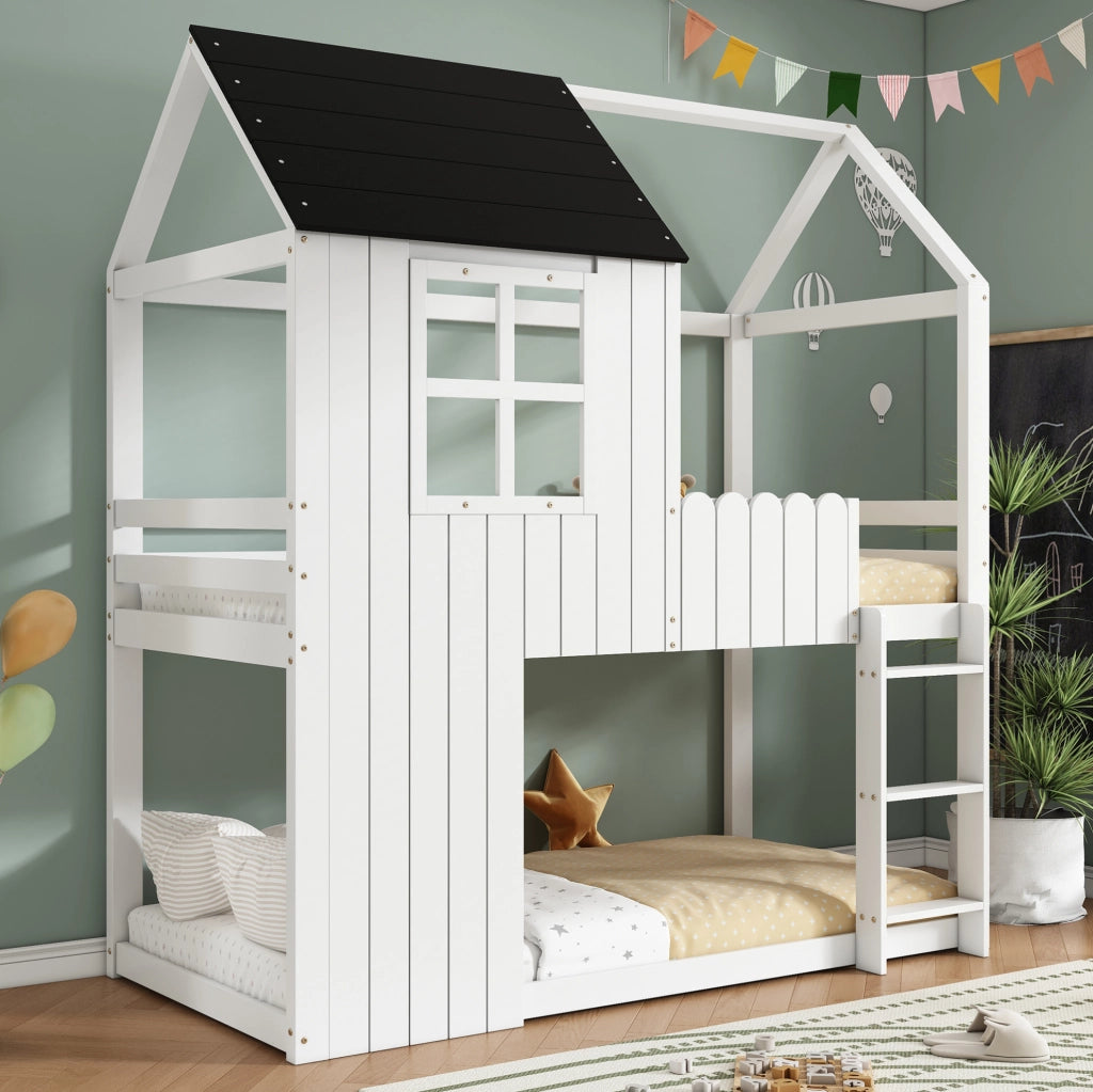 Letto a soppalco 90x200 cm con scala a 3 gradini e spazio sottostante in legno bianco e nero