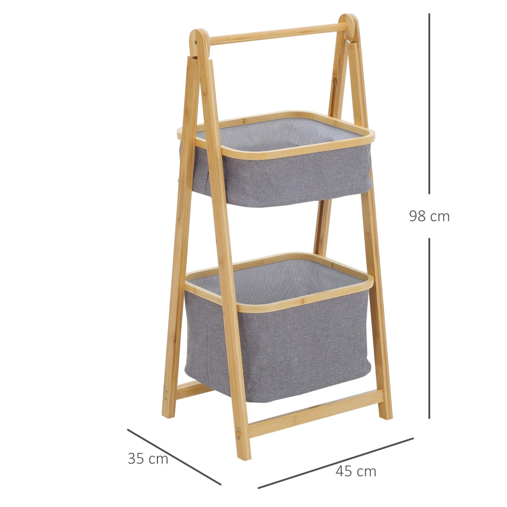 Easycomfort Mobile Bagno Pieghevole in Bambù con 2 Cassetti in Tessuto Poliestere Grigio, 45x35x98cm