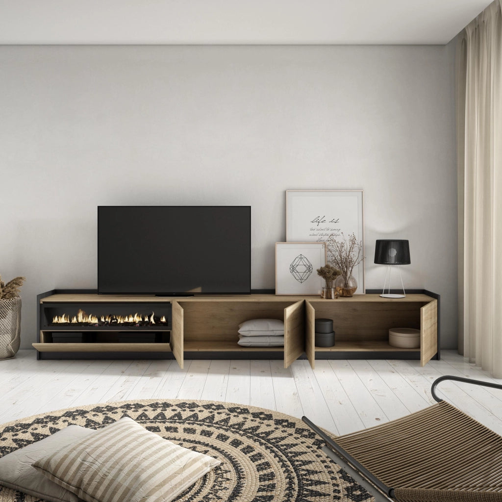 Mobile TV Soggiorno, 310x50x37 cm, Per TV fino a 80", Camino elettrico, Rovere e nero