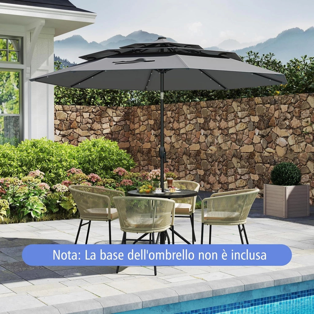 Ombrellone da Patio 297 cm con 32 Luci LED, Tetto Ventilato a 3 Piani, Inclinazioni Regolabili, Manovella, 8 Stecche, Ombrellone da Giardino, Piscina, Spiaggia (Grigio)