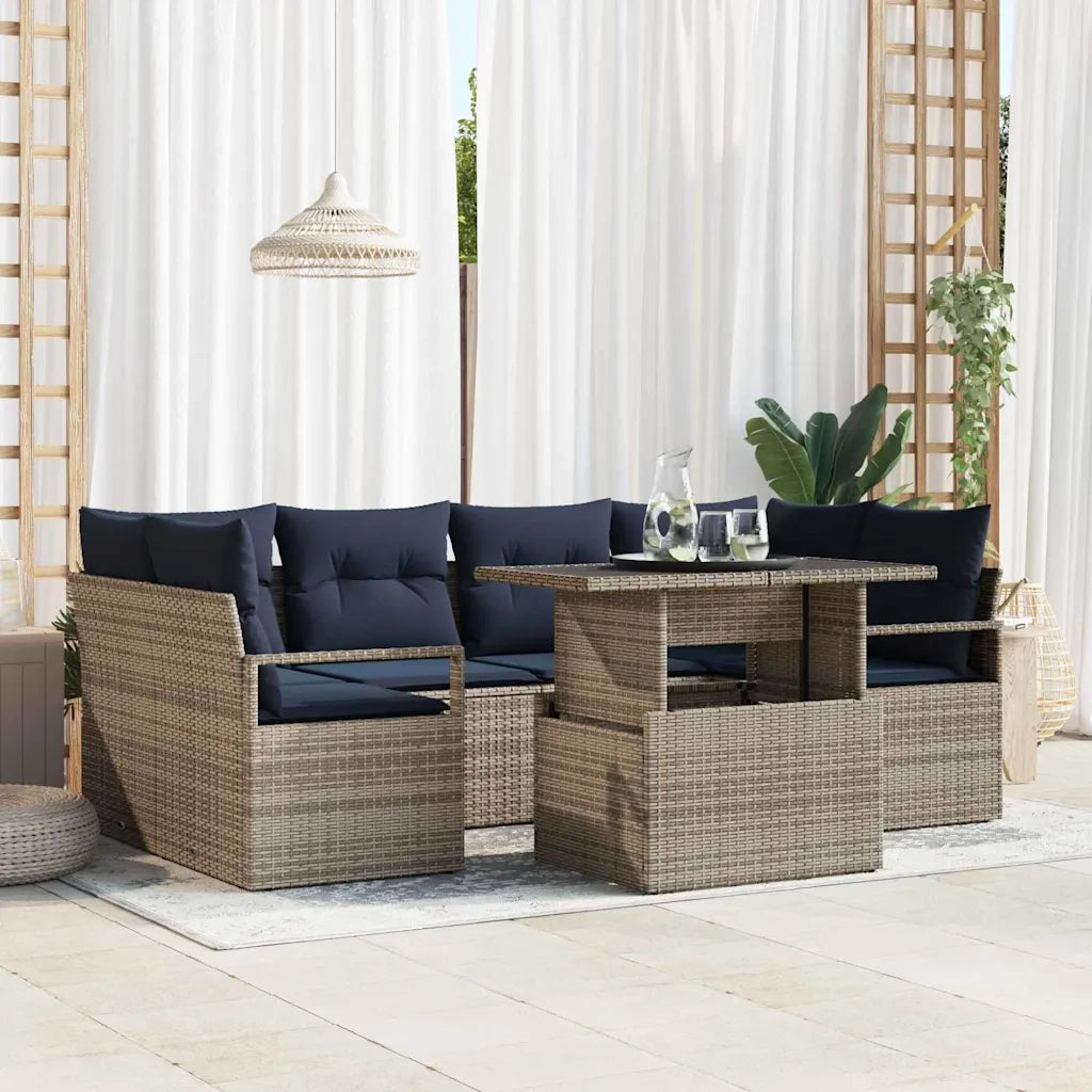 Set Divano da Giardino 7 pcs grigio e blu navy polyrattan