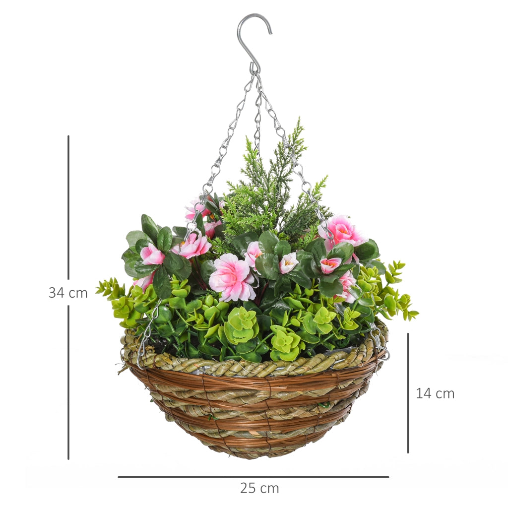 EasyComfort Set 2 Piante Finte di Lisianthus con Vaso e Gancio, Piante Artificiali in PE e Vimini, Ø25x34 cm, Verde e Rosa