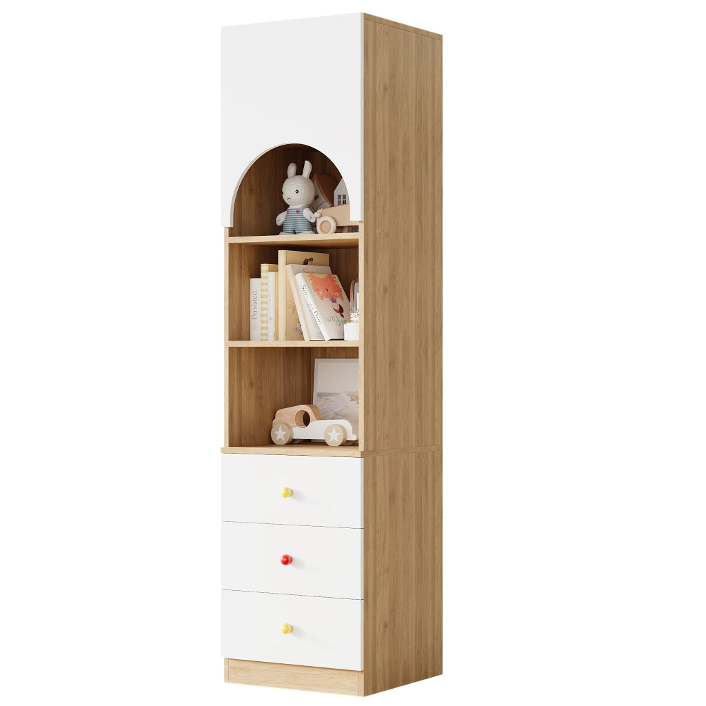 Libreria, vetrina, 3 cassetti, ripiani portaoggetti, maniglie in ceramica, finitura effetto legno, bianco