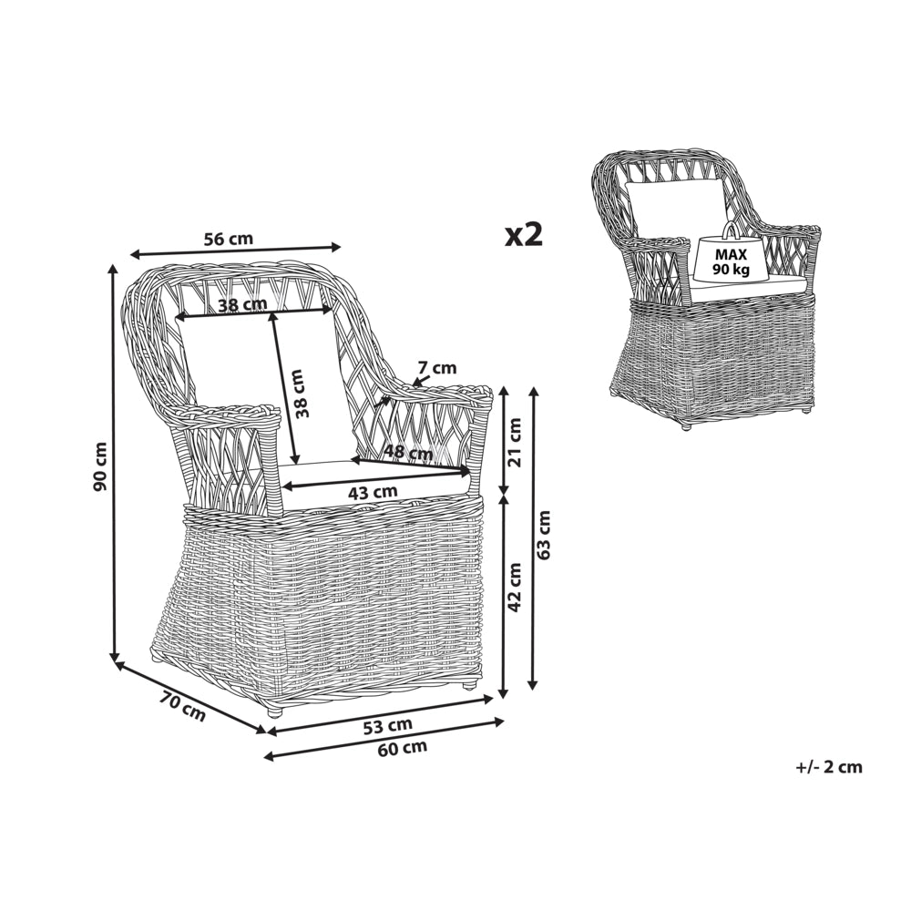 Set di 2 poltrone da giardino in rattan naturale con cuscini per schienale in cotone bianco sporco per interni ed esterni