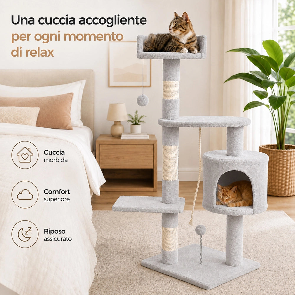Albero Tiragraffi Gatti Parco Giochi Cuccia Graffiatoio gatto 112cm Grigio Chiar