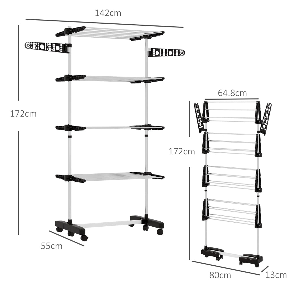 Stendino Verticale 4 Ripiani Regolabili 142x55x172 cm in Acciaio e Plastica Nero e Argento