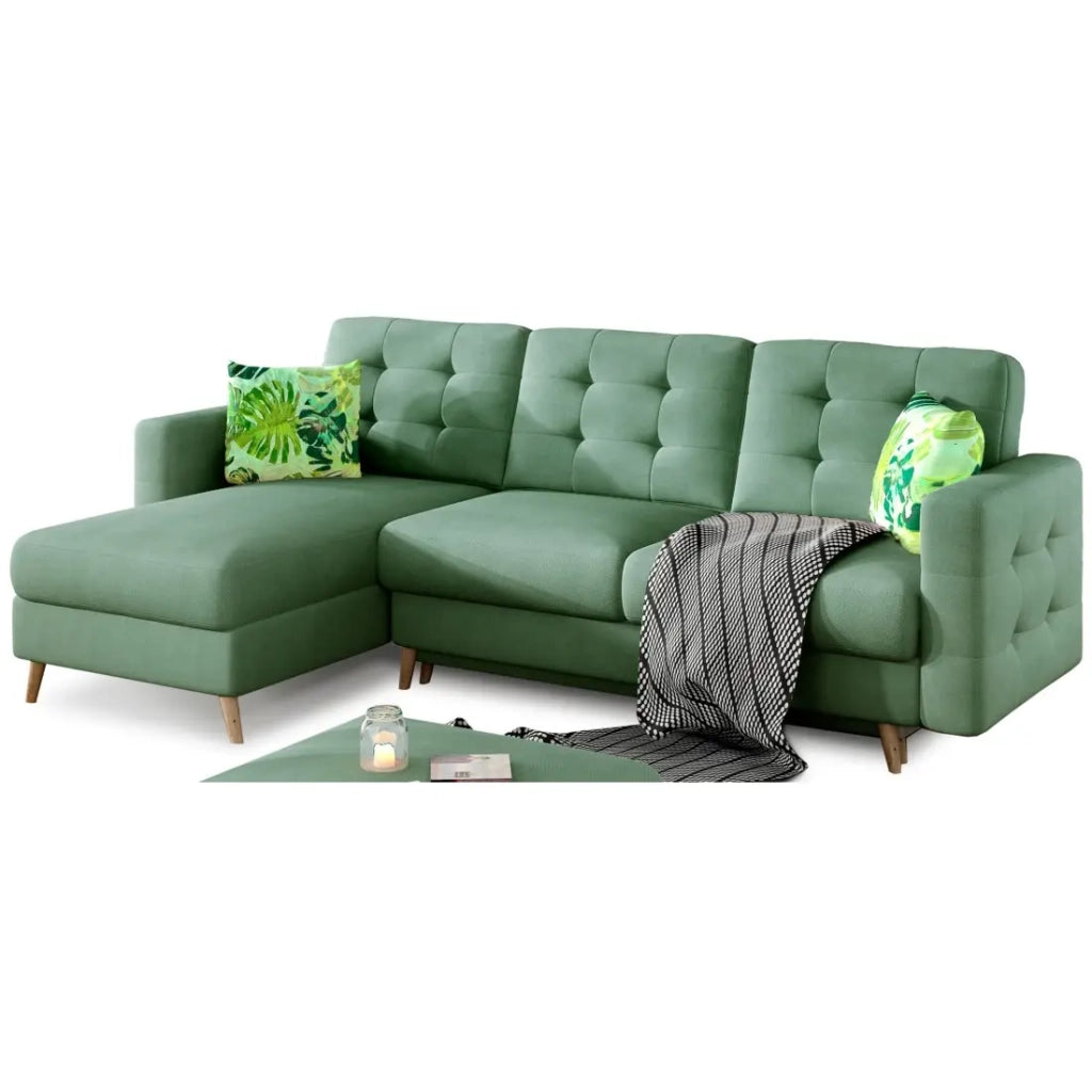 Divano angolare convertibile HASGARD 3 posti verde 248x162 cm - con vano contenitore e piedi in legno