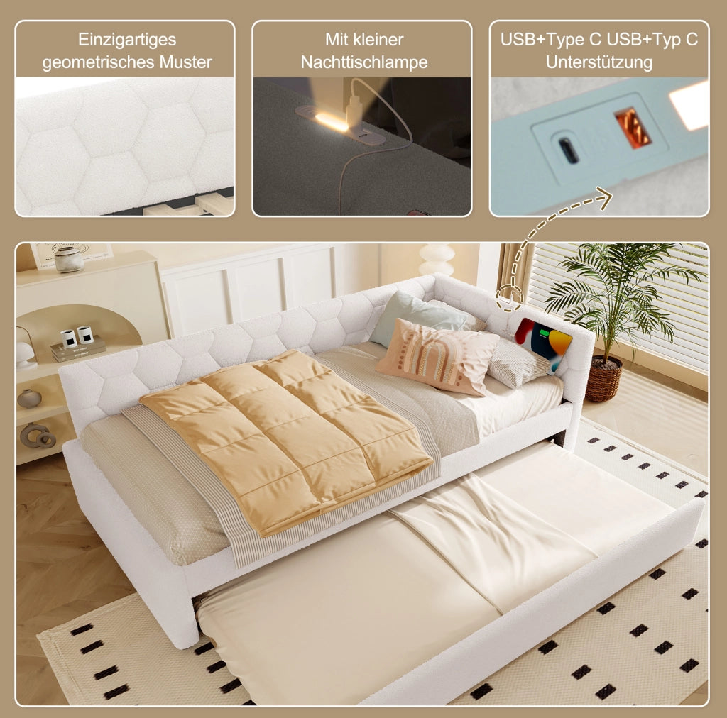 Letto singolo 90x200 cm con letto estraibile, USB e luce