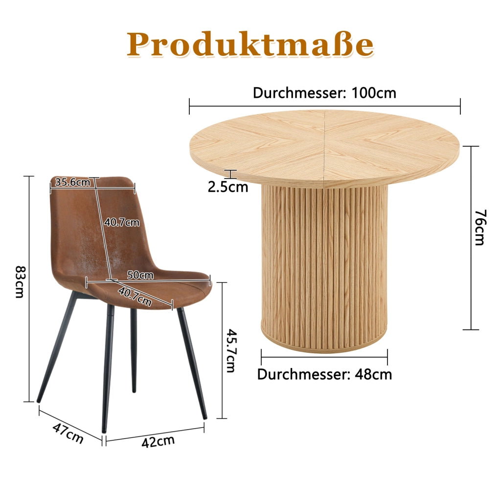 Tavolo da pranzo rotondo con 4 sedie in MDF, piano da 100 cm, stile moderno, per sala da pranzo, marrone e nero