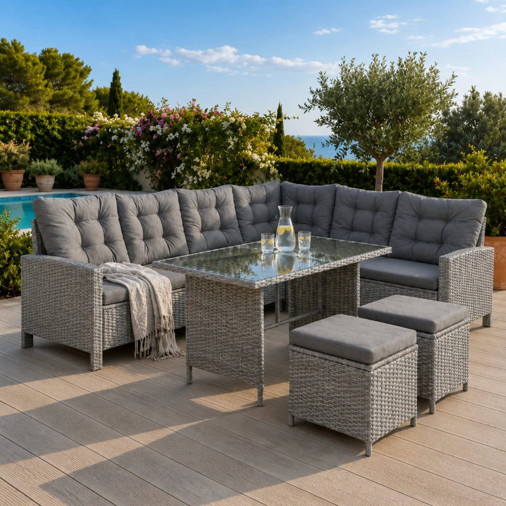 Set Da Giardino Angolare In Polyrattan Con Tavolino Doppio Piano Vetrato Due Pouf E Cuscini Morbidi Salotto Per Terrazza Veranda Balcone Zona Piscina Grigio