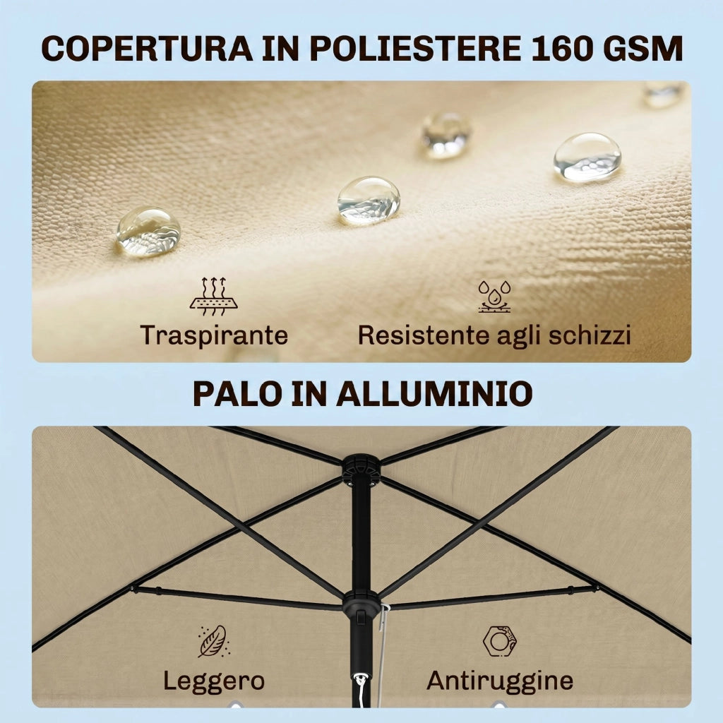 Ombrellone da Giardino Rettangolare e Regolabile con Palo in Alluminio, 2x1.3x2.5 m, Beige