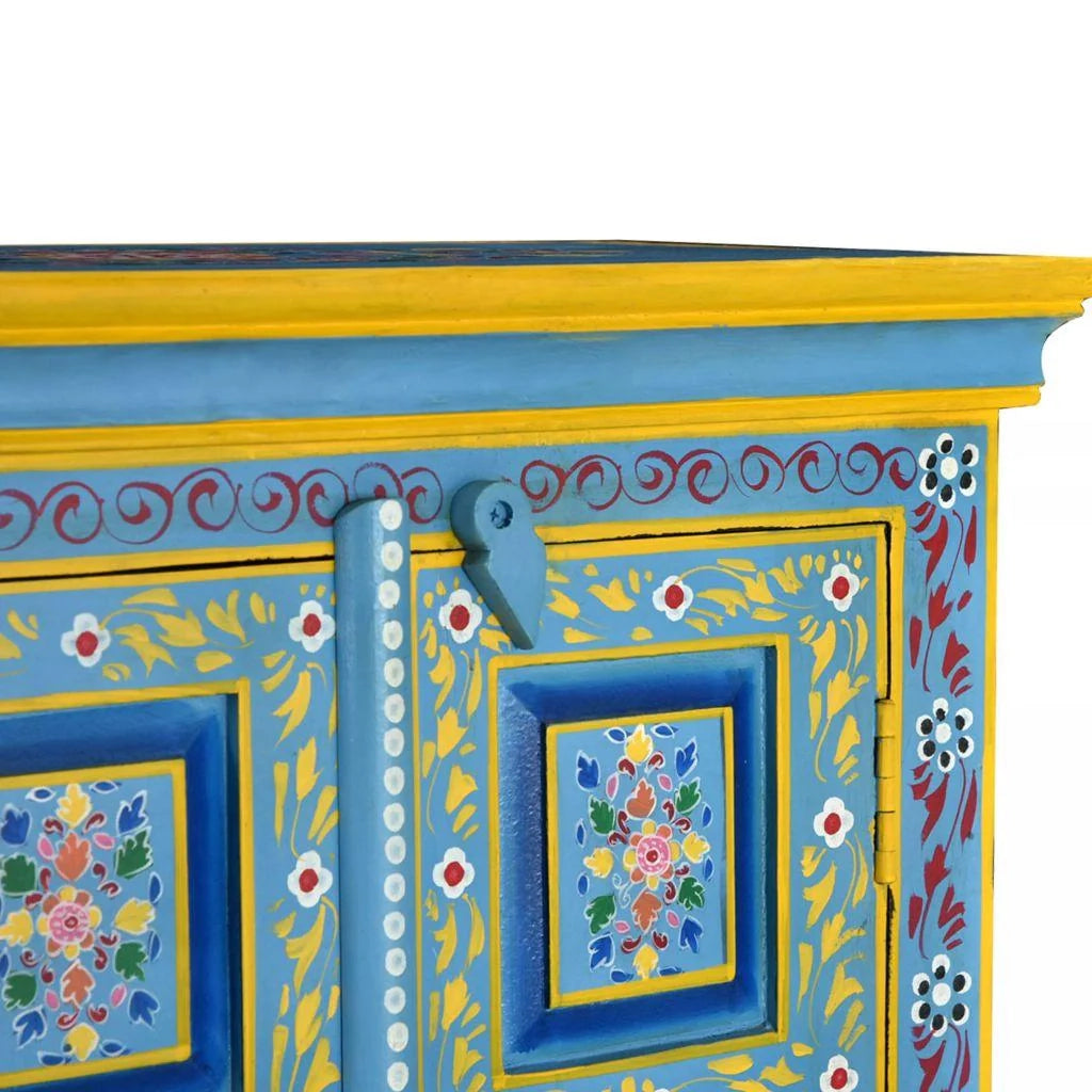 Buffet credenza mobiletto consolle mobile contenitore legno massello di mango dipinto a mano turchese 4402023