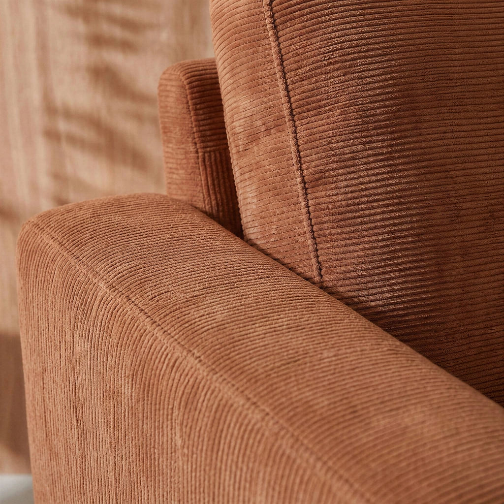 Poltrona in velluto a coste, gambe in metallo, terracotta