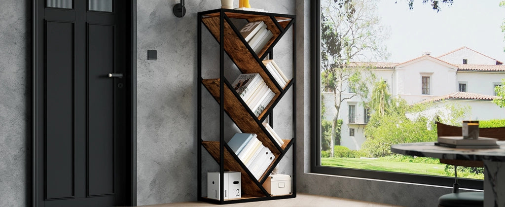 Libreria a forma di albero 80 × 35 × 160 cm, scaffale a 8 ripiani, nero e marrone vintage, con struttura in metallo e pannello MDF