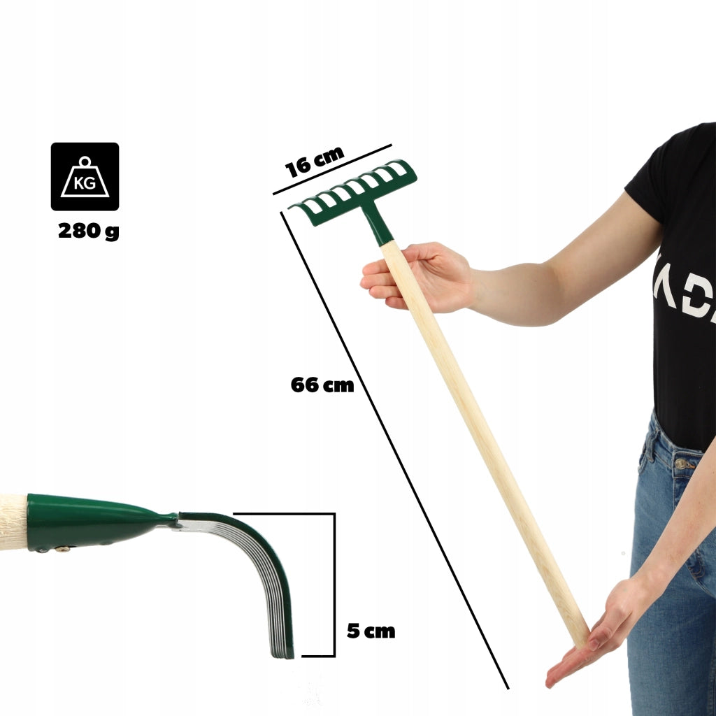 KADAX Piccolo rastrello per foglie ed erba da giardino, 66 cm, 8 denti, manico in legno