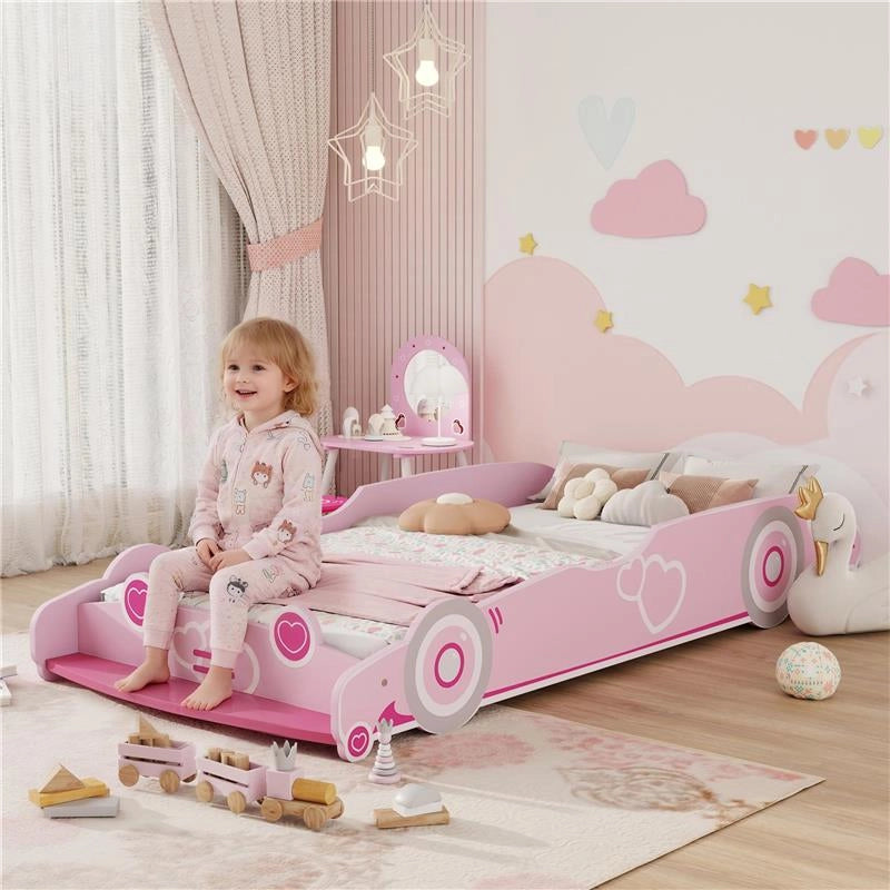 LETTO PER BAMBINI DA 3-5 ANNI A FORMA DI MACCHINA CON SPONDE RIALZATE DI SICUREZZA, 140X70 CM, ROSA
