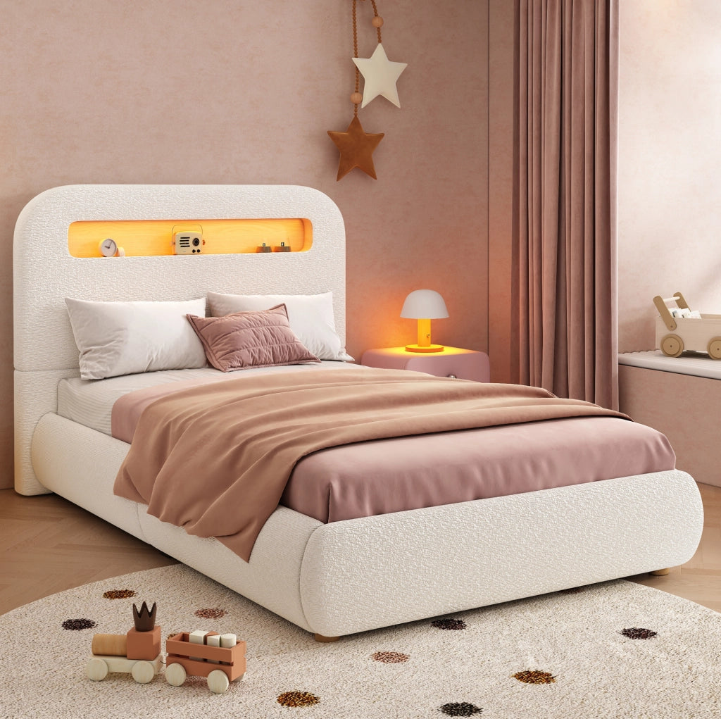 Letto imbottito con contenitore e LED in bouclé bianco