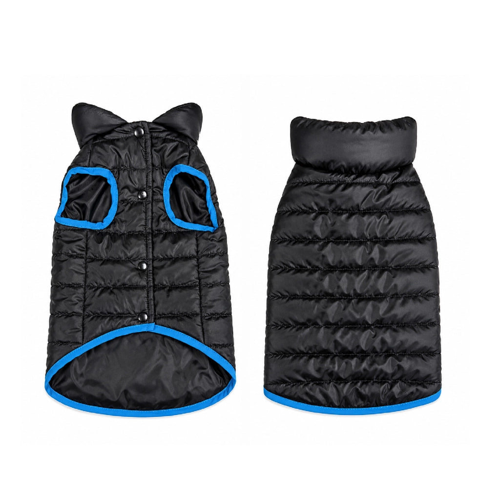 Cappottino Imbottito per Cani con Collo Alto Antivento, Giubbotto Invernale Trapuntato con Chiusura a Bottoni, Giacca Calda e Leggera per Cani di Piccola, Media e Grande Taglia, Nero con Profili Blu  Nero - S