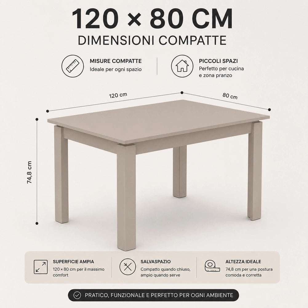 Tavolo da Pranzo 120x80 Allungabile fino a 170 cm Rettangolare in Legno Sabbia