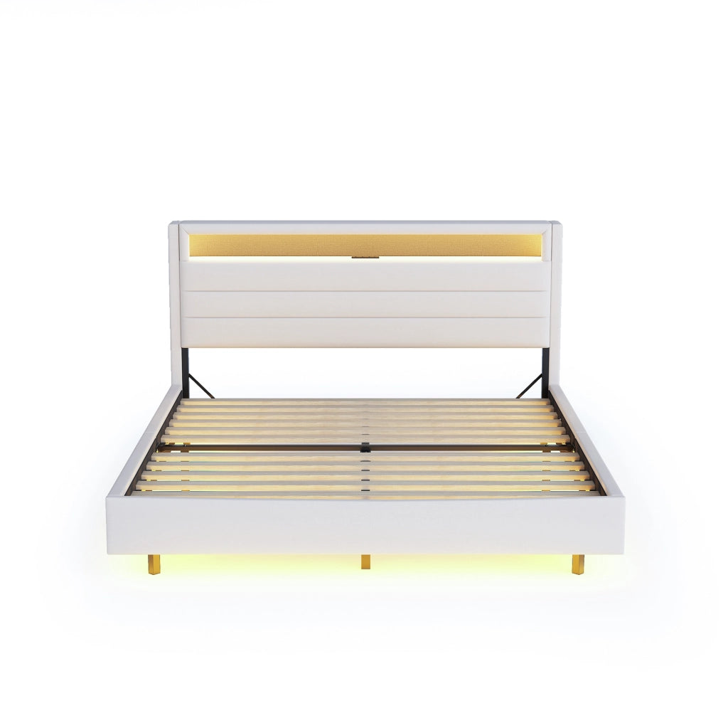 Letto imbottito 160x200 cm con LED, USB e testiera contenitore beige