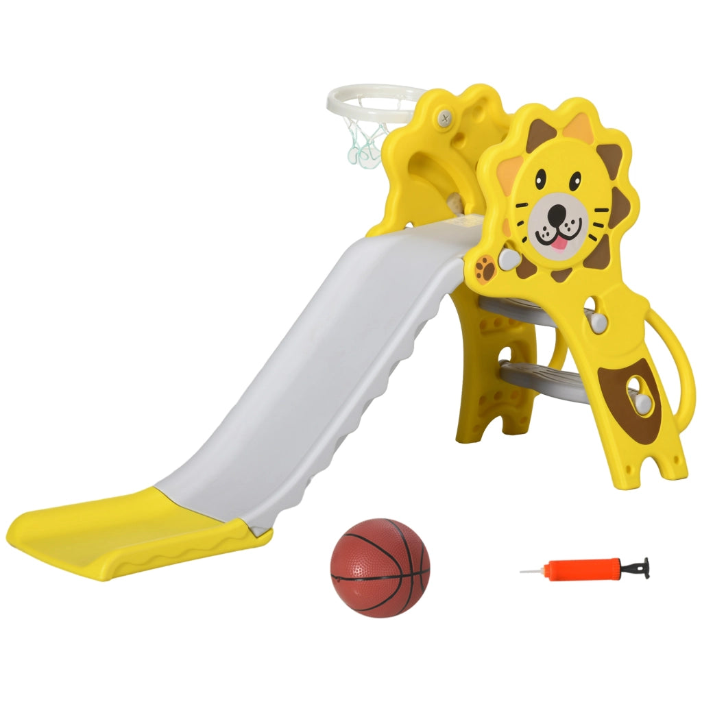 Scivolo per Bambini 18-36 Mesi con Canestro da Basket Laterale in PE, 131x50x74 cm, Giallo e Grigio