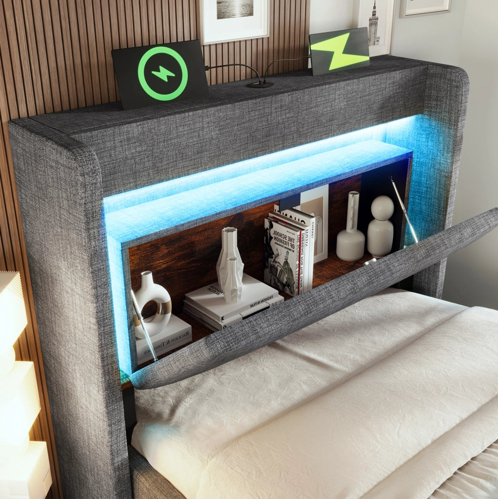 Letto imbottito 90x200 cm con contenitore idraulico; LED; USB e USB-C; grigio in lino