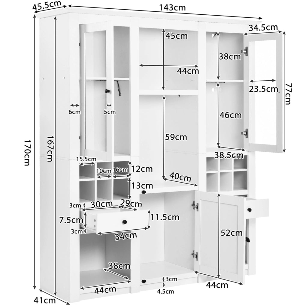 Vetrina LED 143x45，5x170 cm in MDF bianco con vani e USB