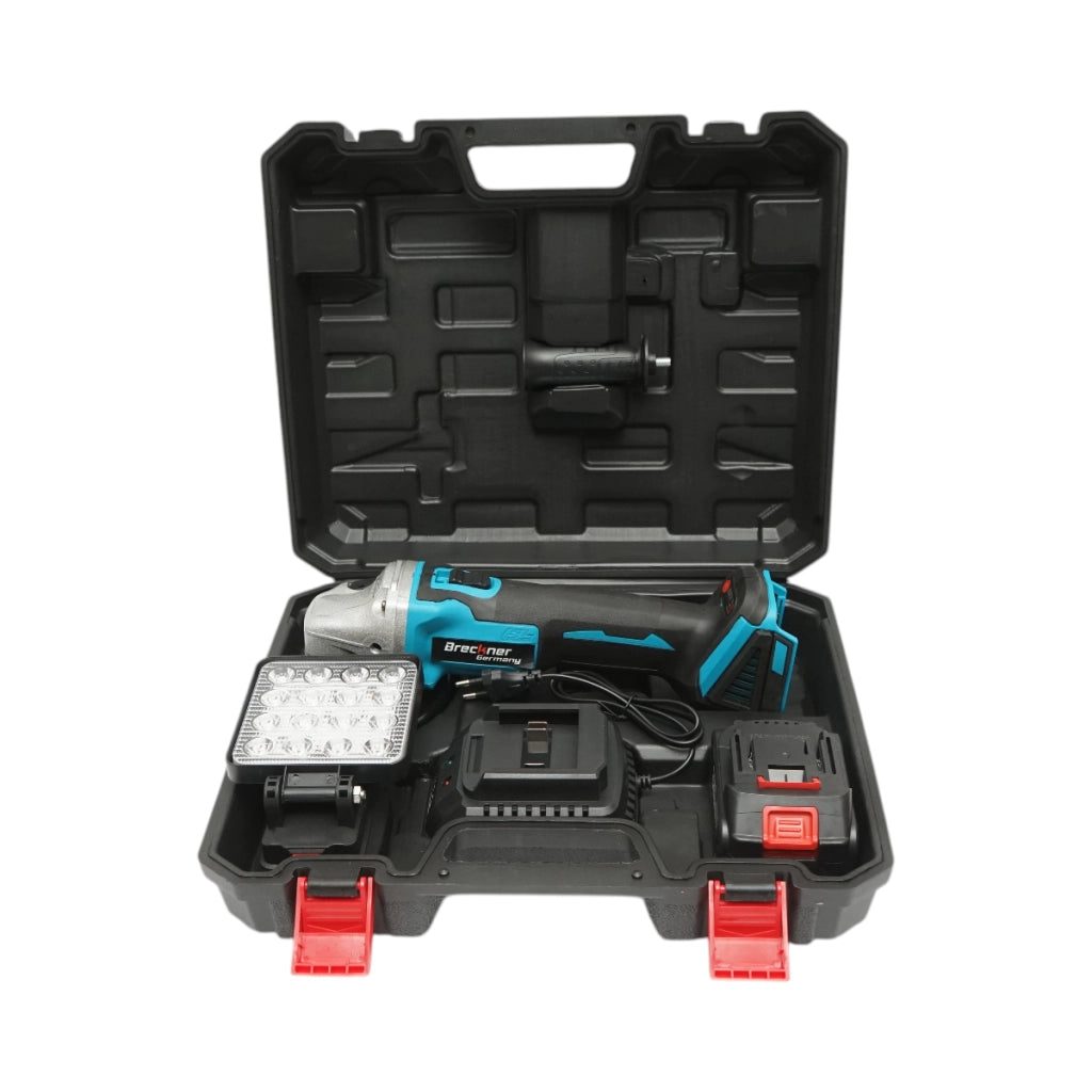 Smerigliatrice angolare con batteria agli ioni di litio da 18 V, 4 Ah, disco da 125 mm, motore brushless e faretto a LED inclusi. Breckner Germany
