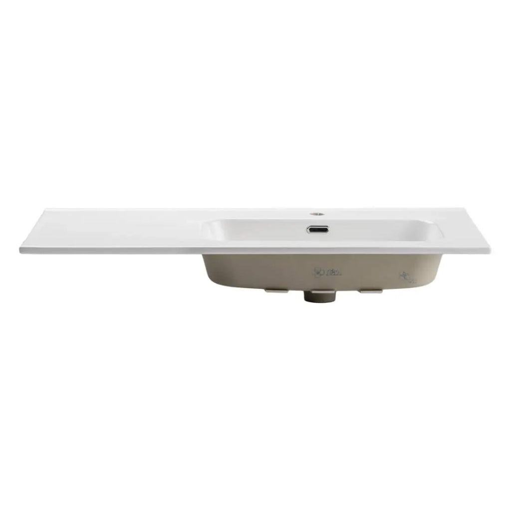 Lavabo da incasso ESSEN 100 cm in ceramica bianca lucida decentrata a destra