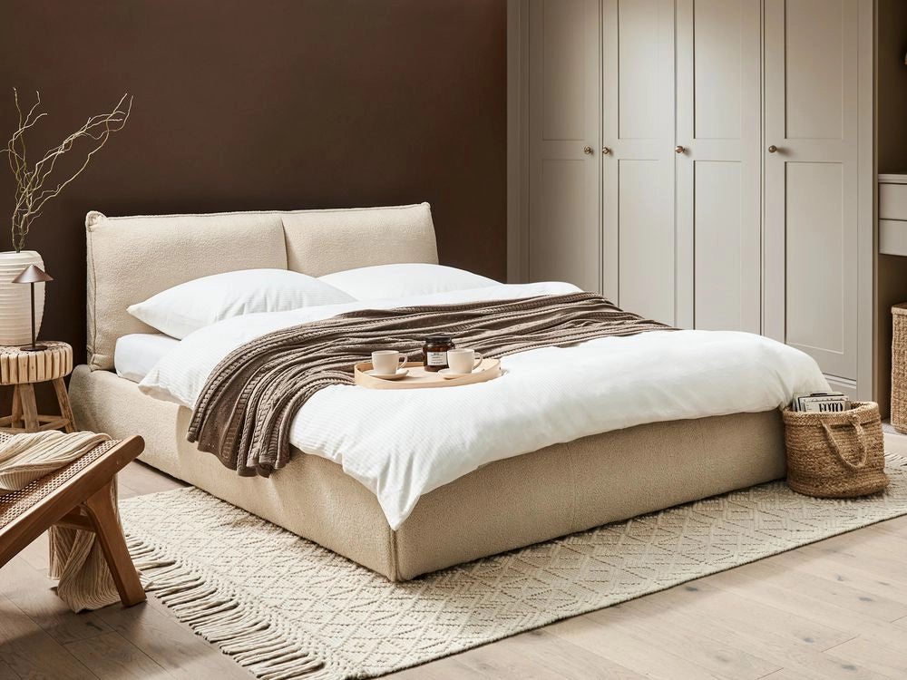 Letto matrimoniale ad acqua imbottito in tessuto boucle beige chiaro 160x200 cm stile moderno
