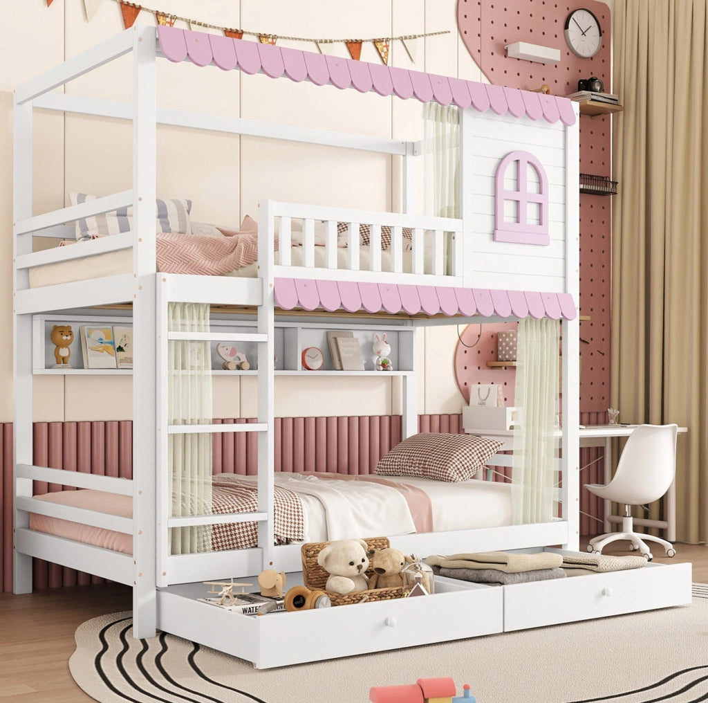 Letto a castello 90x200 cm con cassetti e ripiani in pino e MDF bianco e rosa