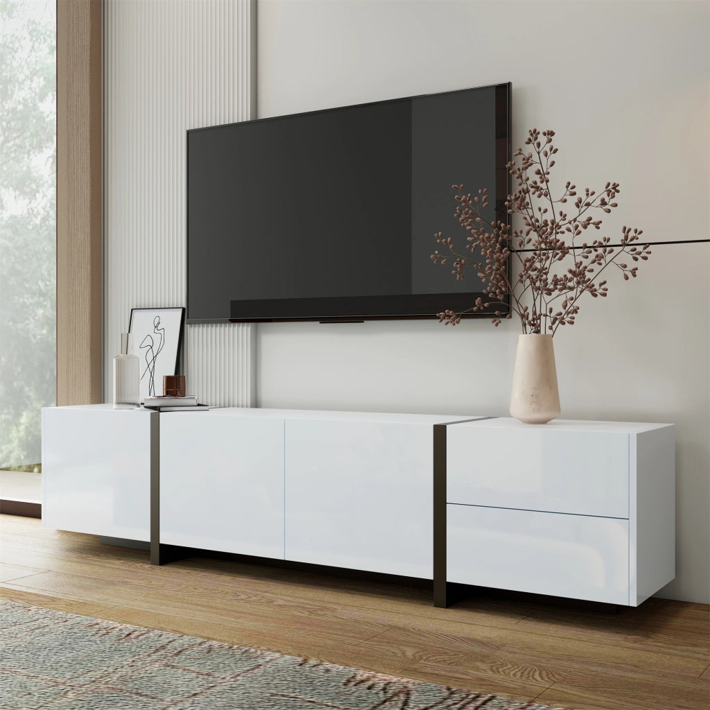 OKWISH Mobile TV con 3 Ante 1 Cassetto e 1 Anta a Ribalta, Frontali Lucidi, per Soggiorno, Bianco e Nero, 170 x 30 x 39 cm
