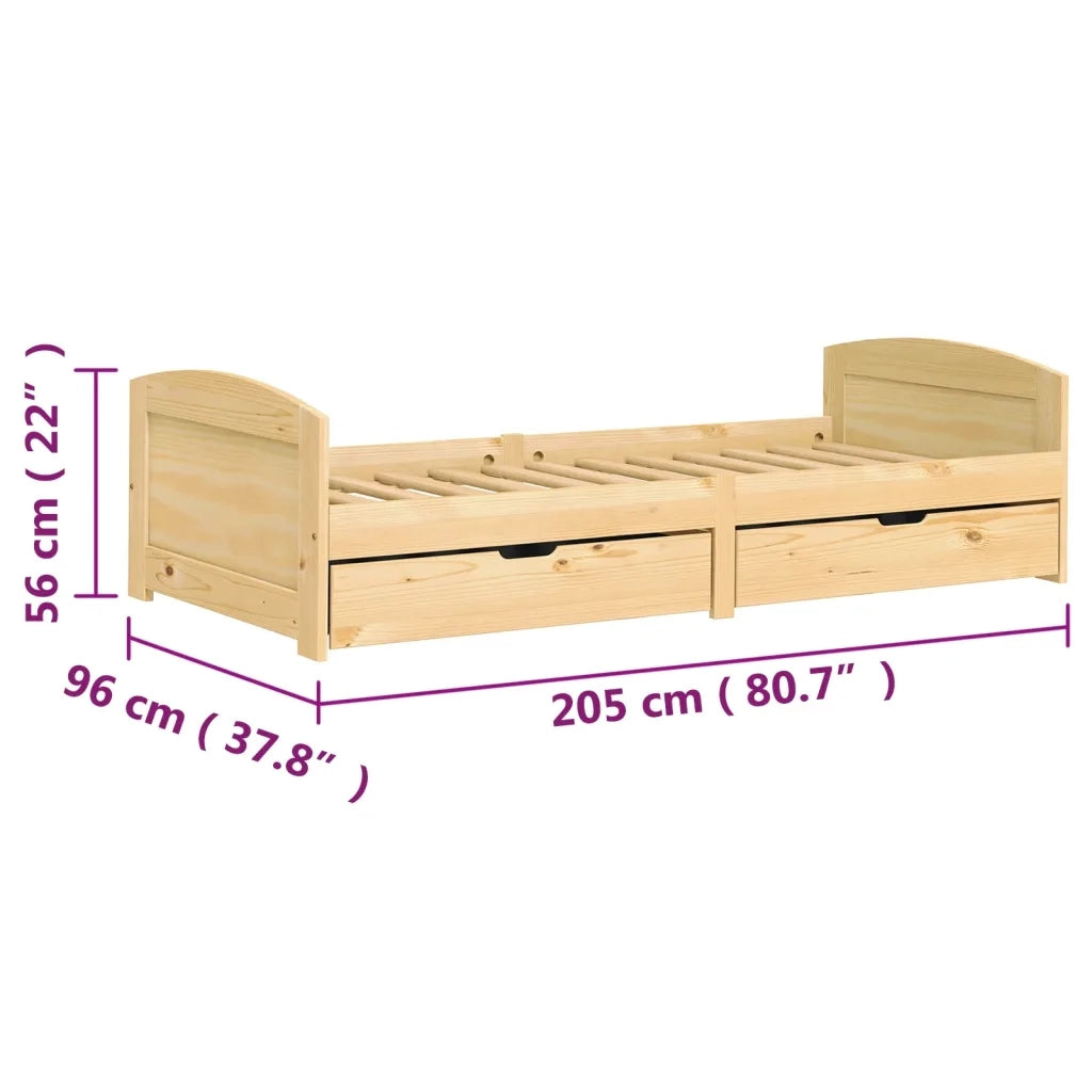Letto singolo | Letto per adulti | Dormeuse 2 Cassetti 90x200 cm Legno Massello Pino IRUN