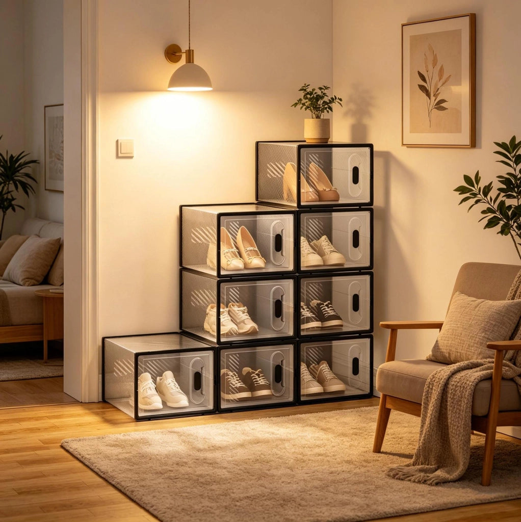 Set di 8 Scatole Impilabili per Scarpe in Plastica Trasparente e Nero 25x18,5x35,5 cm