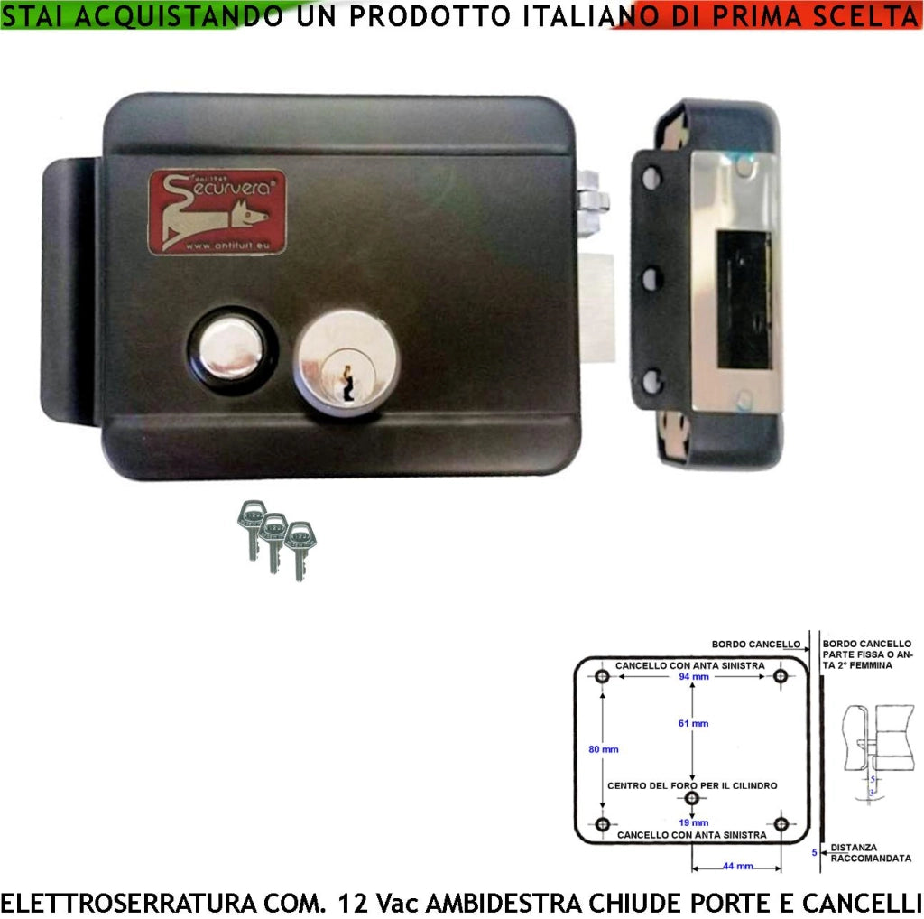 Chiude Porta o Cancello Serratura Elettrica Ambidestra Sblocco 12 Vac ad Anta Battente Con Accessori di Fissaggio 3 Chiavi Pistone o Gancio 12 mm Contenitore in Acciaio Profondo Stampaggio Verniciata