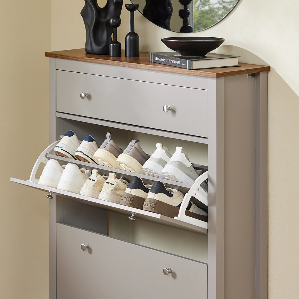 SoBuy Scarpiera Salvaspazio Slim Ingresso - Mobile Scarpiera con Cassetto e 2 Ante a Ribalta per 12 Paia - Design Nordico in Legno, Facile Montaggio, 78x24x108 cm, Marrone Chiaro, FSR89-KA