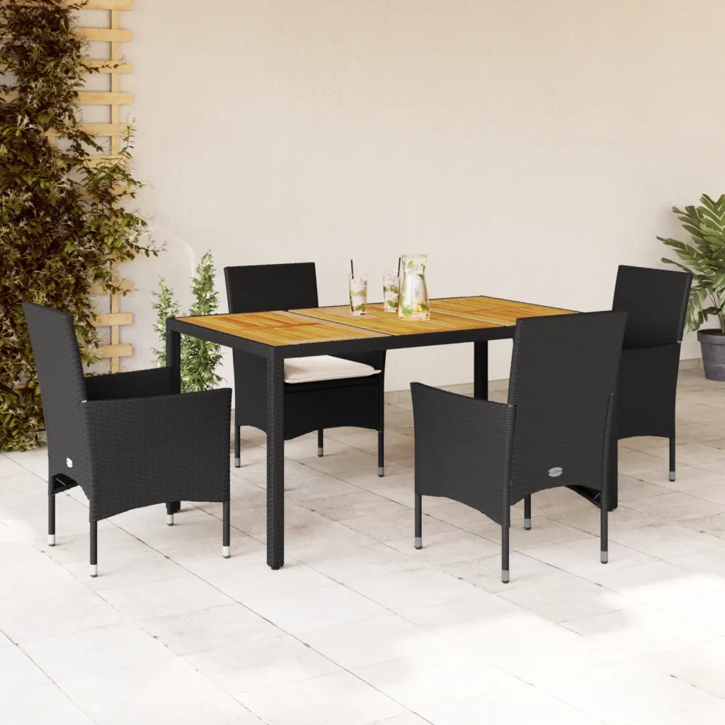 Set Pranzo da Giardino 5 pz con Cuscini Nero Polyrattan Acacia