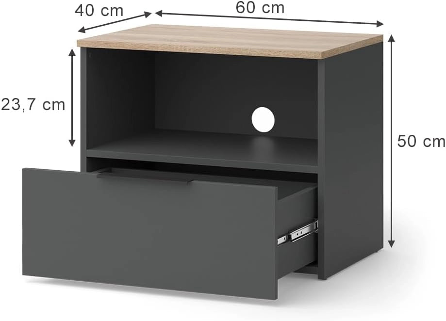 Mobile tv Wido, Antracite/Sonoma, 60 x 50 cm con cassetto, adatto per TV fino a 43 pollici, passacavi integrato