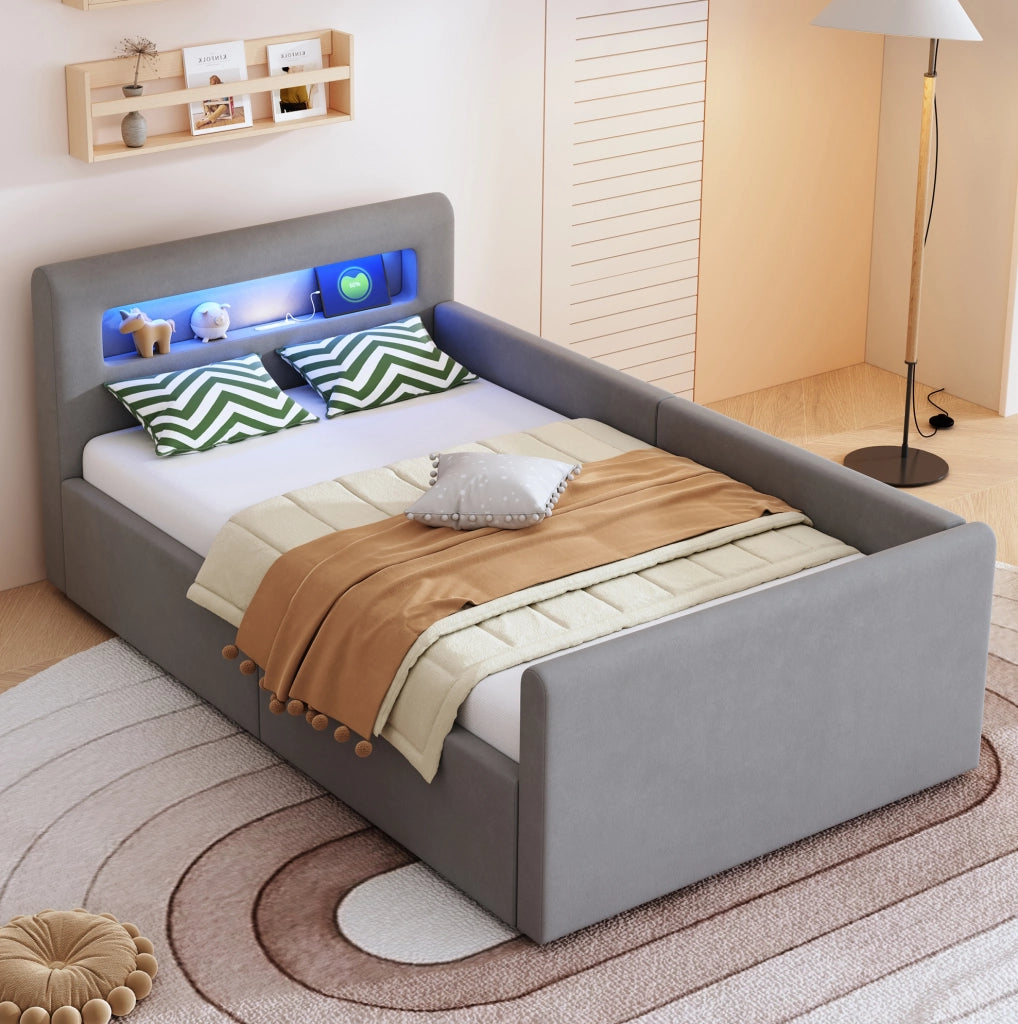 Letto imbottito 90x200 cm con LED; luce notturna; USB e contenitore idraulico in velluto grigio