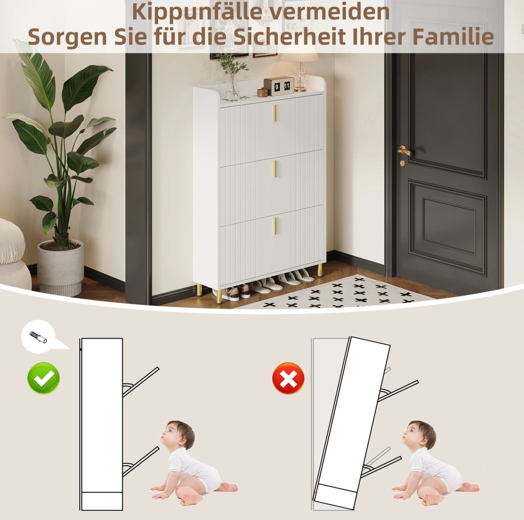 Mobile portascarpe a 3 ribalte 80x23x123;5 cm in MDF bianco con dettagli dorati