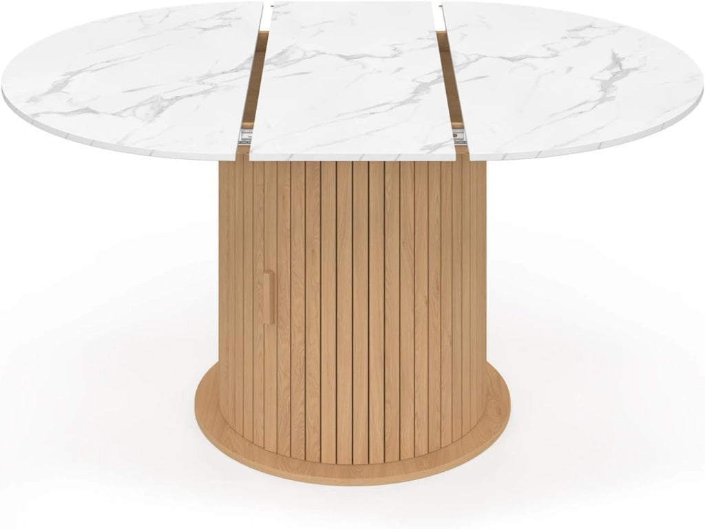 Tavolo da pranzo allungabile rotondo Juliette 4-8 Persone piedi doghe con ripiano effetto marmo bianco 110-150 cm