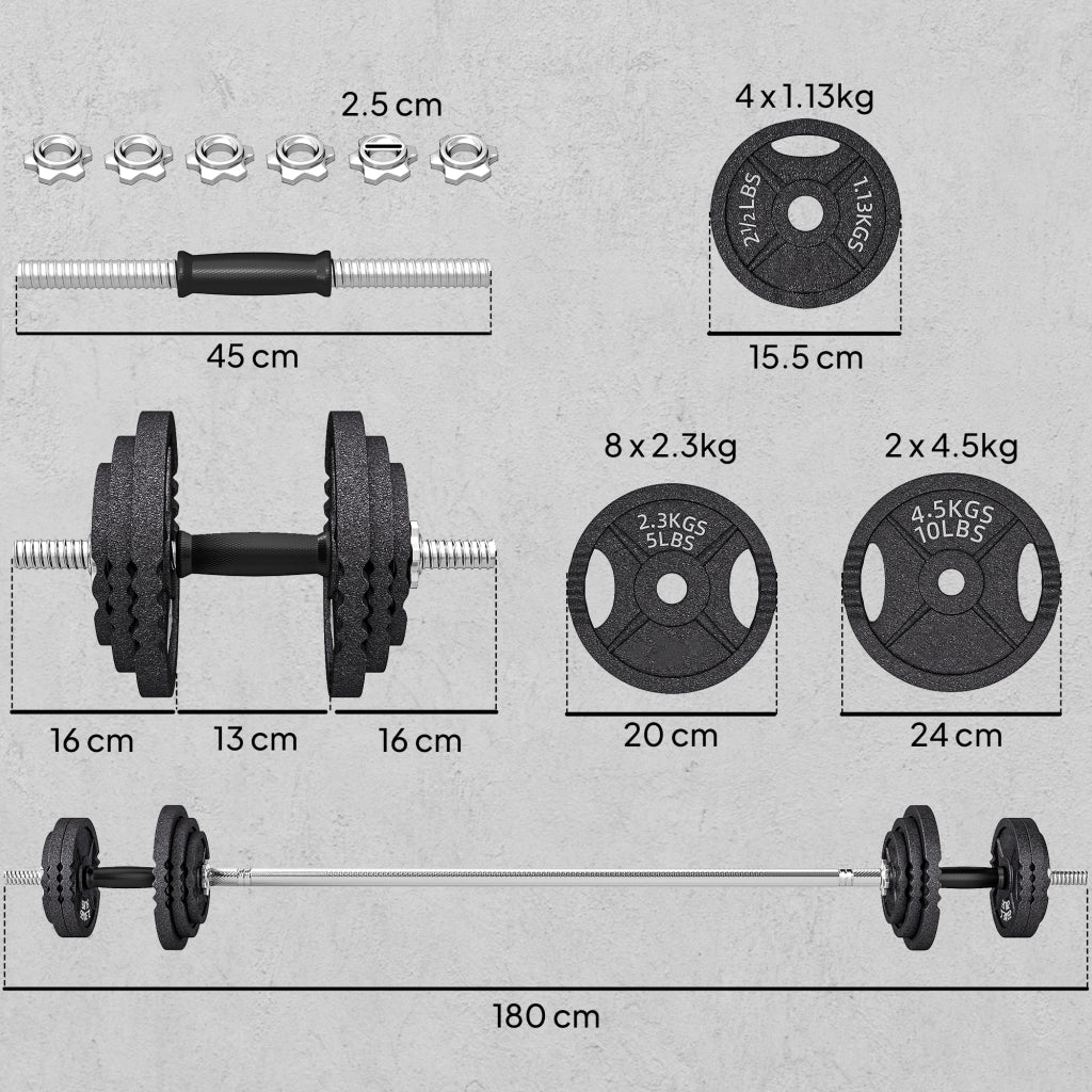 Set di Pesi per Palestra 2 in 1 con Bilanciere e Manubri ¨C Minimal ¨C 42 kg, 14 Dischi, Acciaio, Nero, 180x24x24 cm
