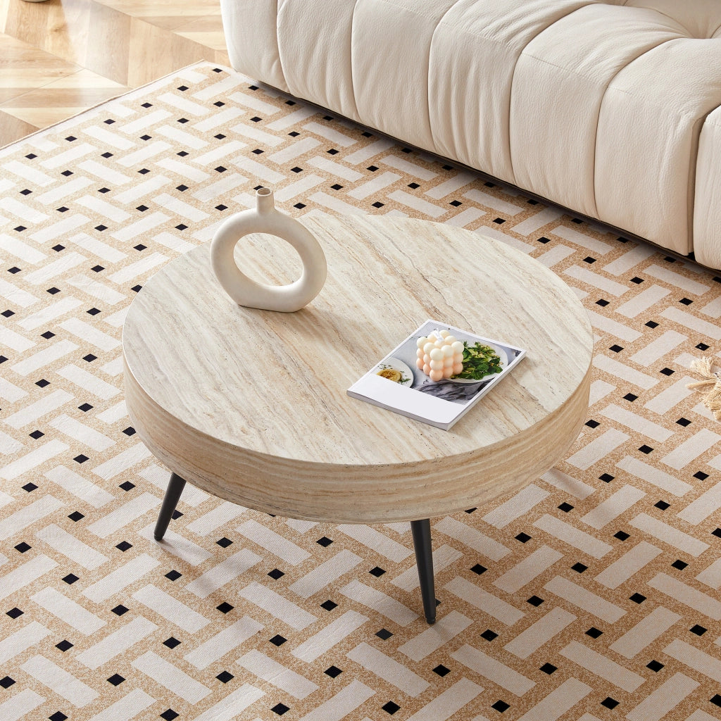 Tavolino da caffè rotondo salvaspazio con piedini regolabili in MDF e metallo nero; naturale