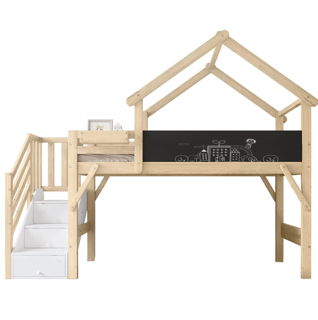 Letto a castello 90x200 cm con lavagna; scala contenitore a 3 vani; bianco e naturale