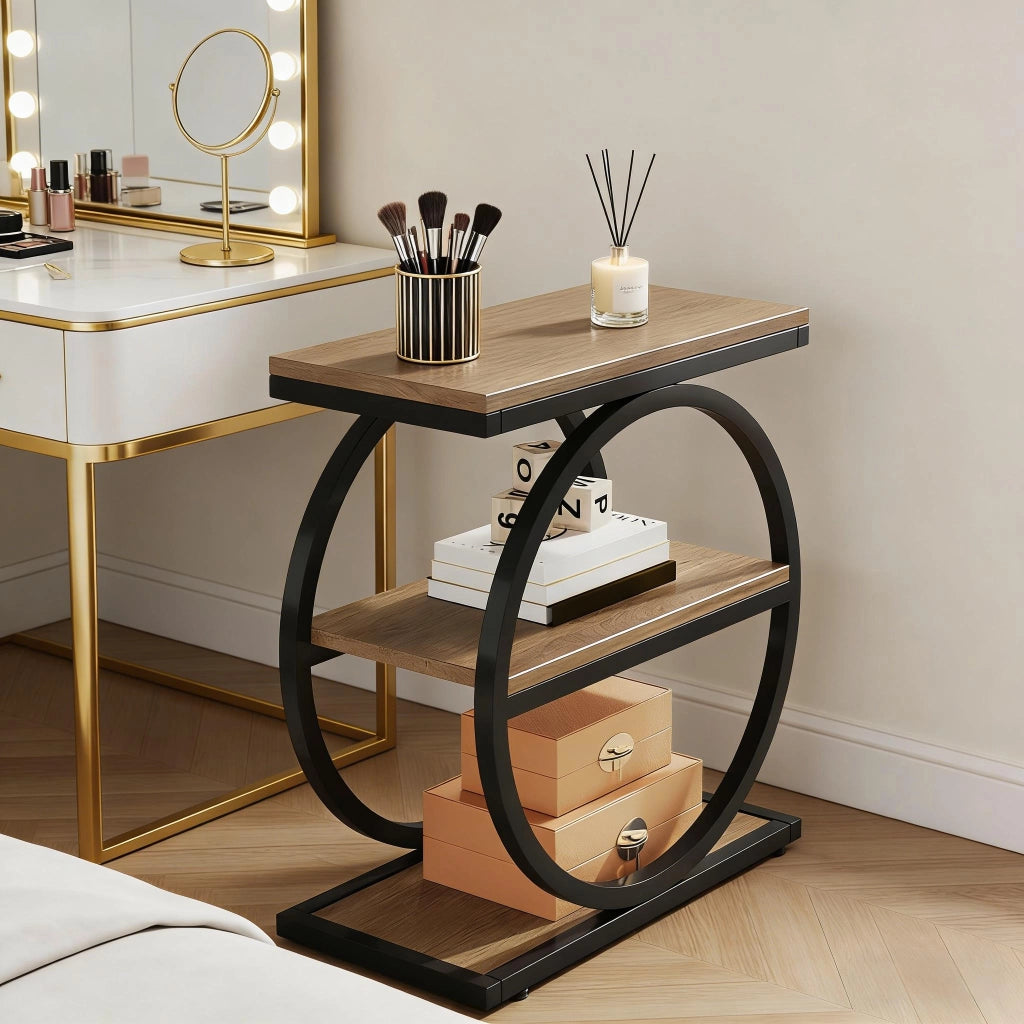 Tavolino basso fisso a 3 ripiani in MDF e metallo nero e marrone per soggiorno e camera da letto 73 × 62 × 12 cm